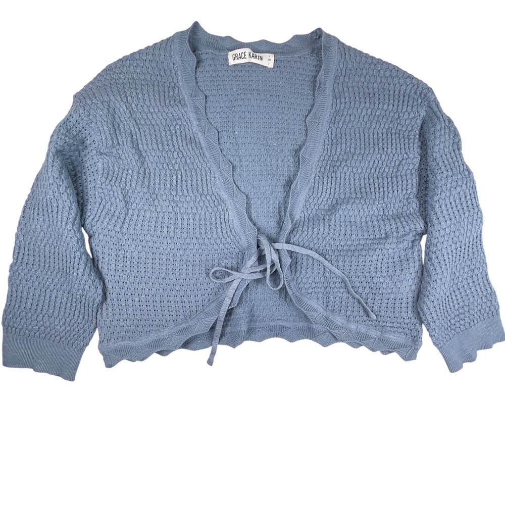 Grace Karin Bolero Women S Blue Coquette Cottagecore Tie Front Crochet Cardigan - Picture 2 of 7